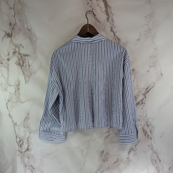 Everlane Shirt Women PJ Blue Button Up Woven Pajama Top Silky Cotton Crop - Picture 6 of 11